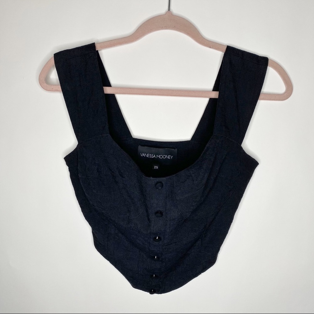 Vanessa Mooney Corset Top Black Sleevless Tank Button Front Rayon Size XS